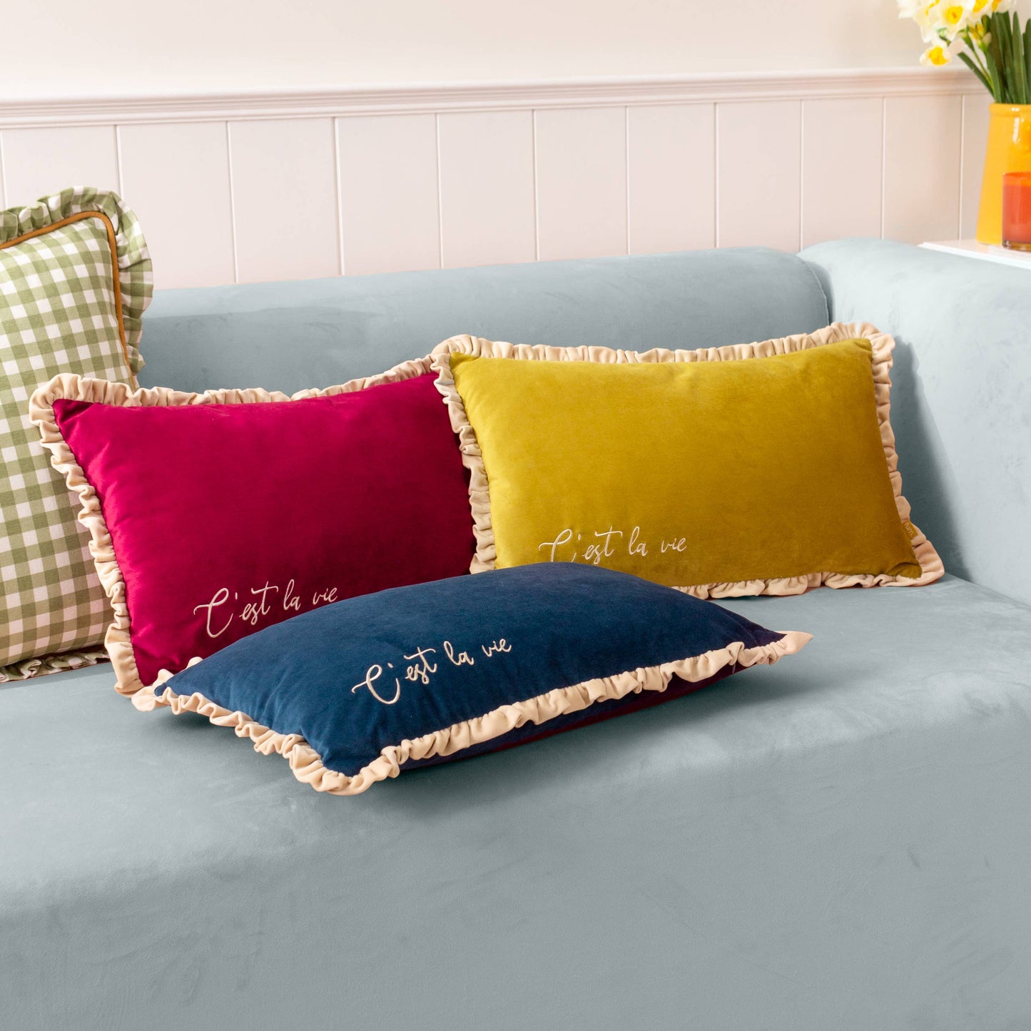 Cest La Vie Embroidered Cushion Navy