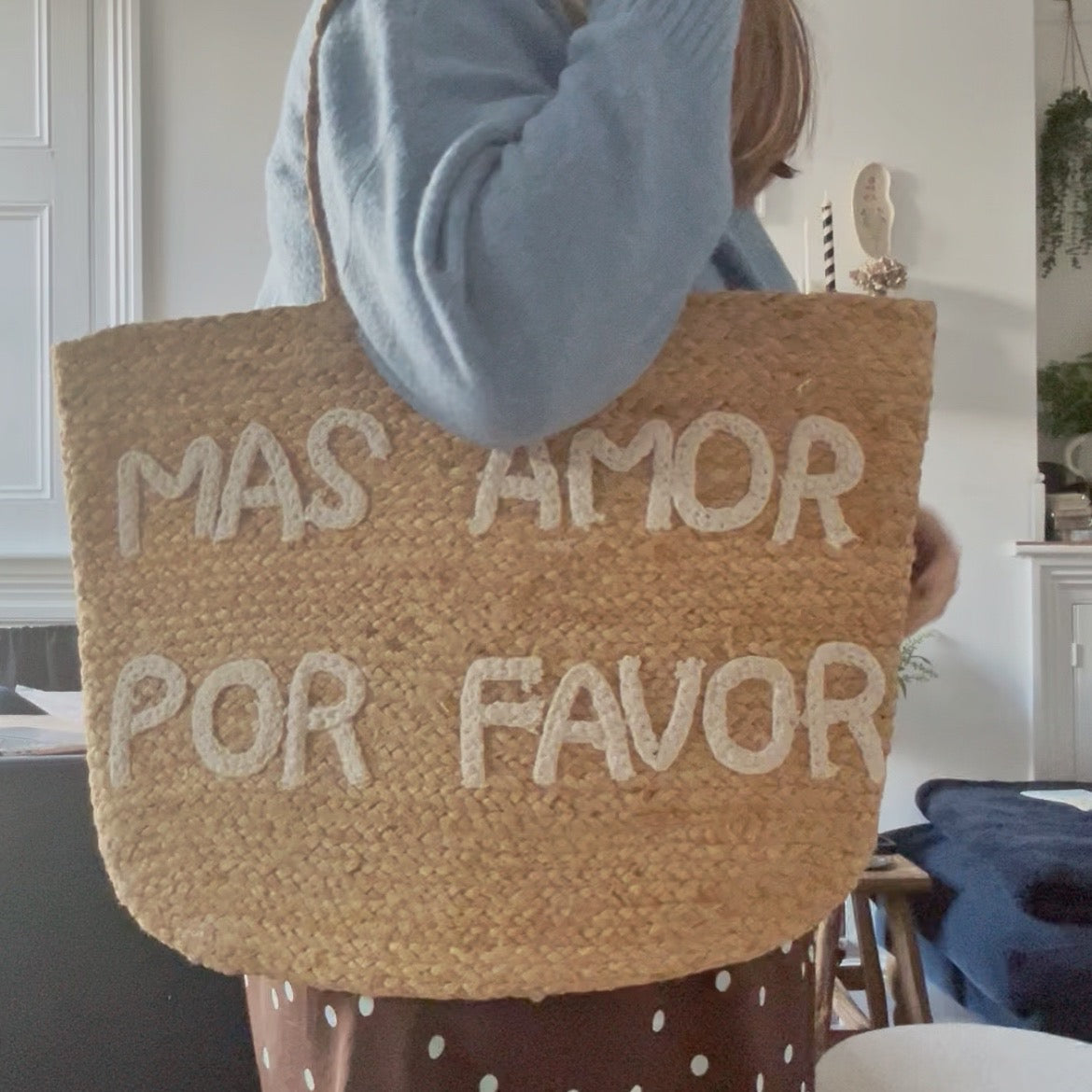 Large Mas Amor Por Favor Jute Tote Bag