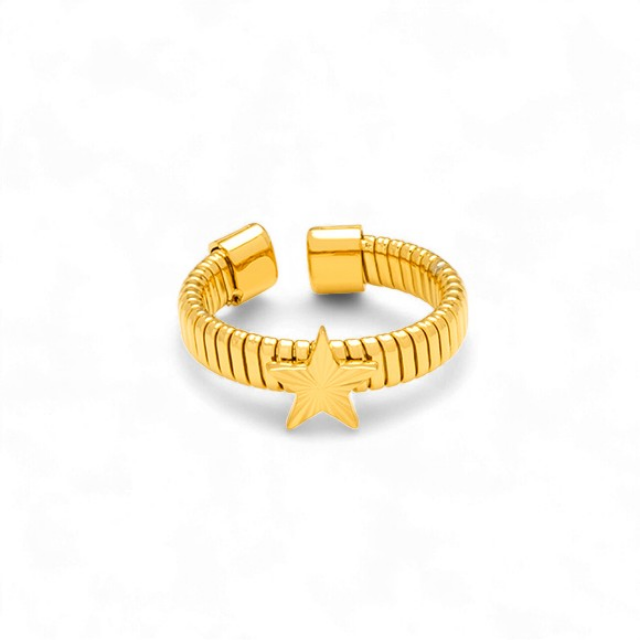 Ridged band ring with star in gold