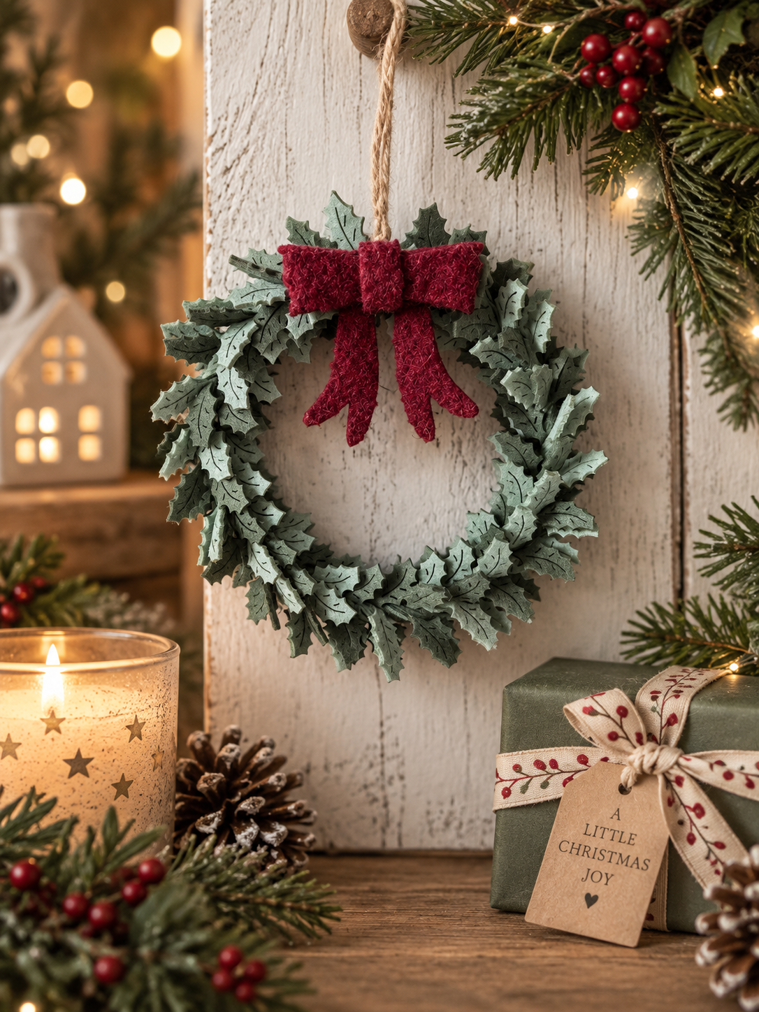 Felt holly leaf wreath