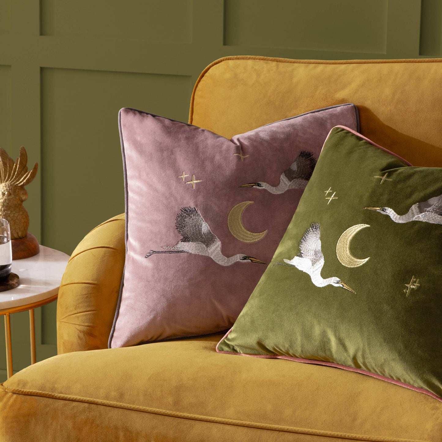 Moonlit Flight Embroidered Velvet Cushion cover Dusty Pink