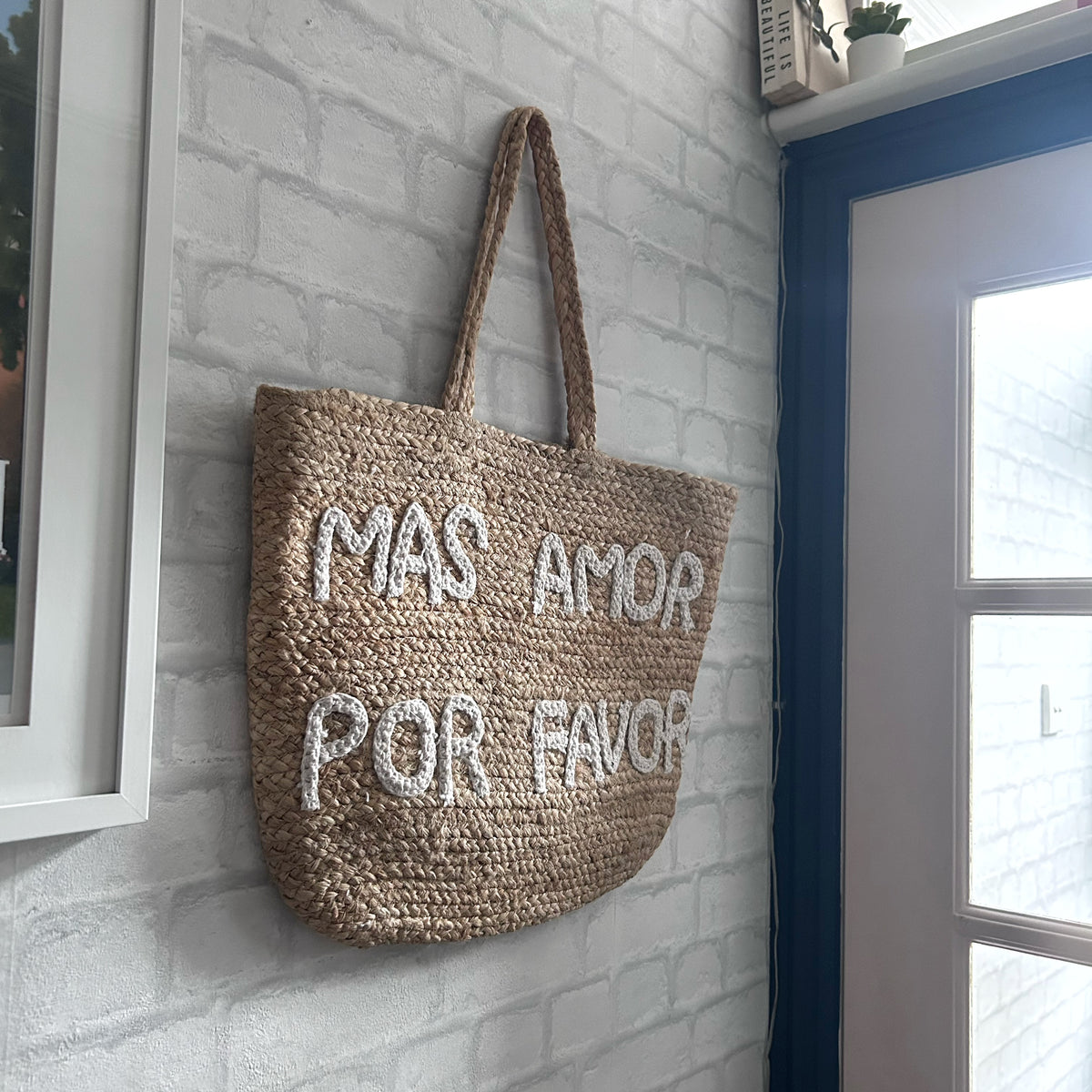 Large Mas Amor Por Favor Jute Tote Bag
