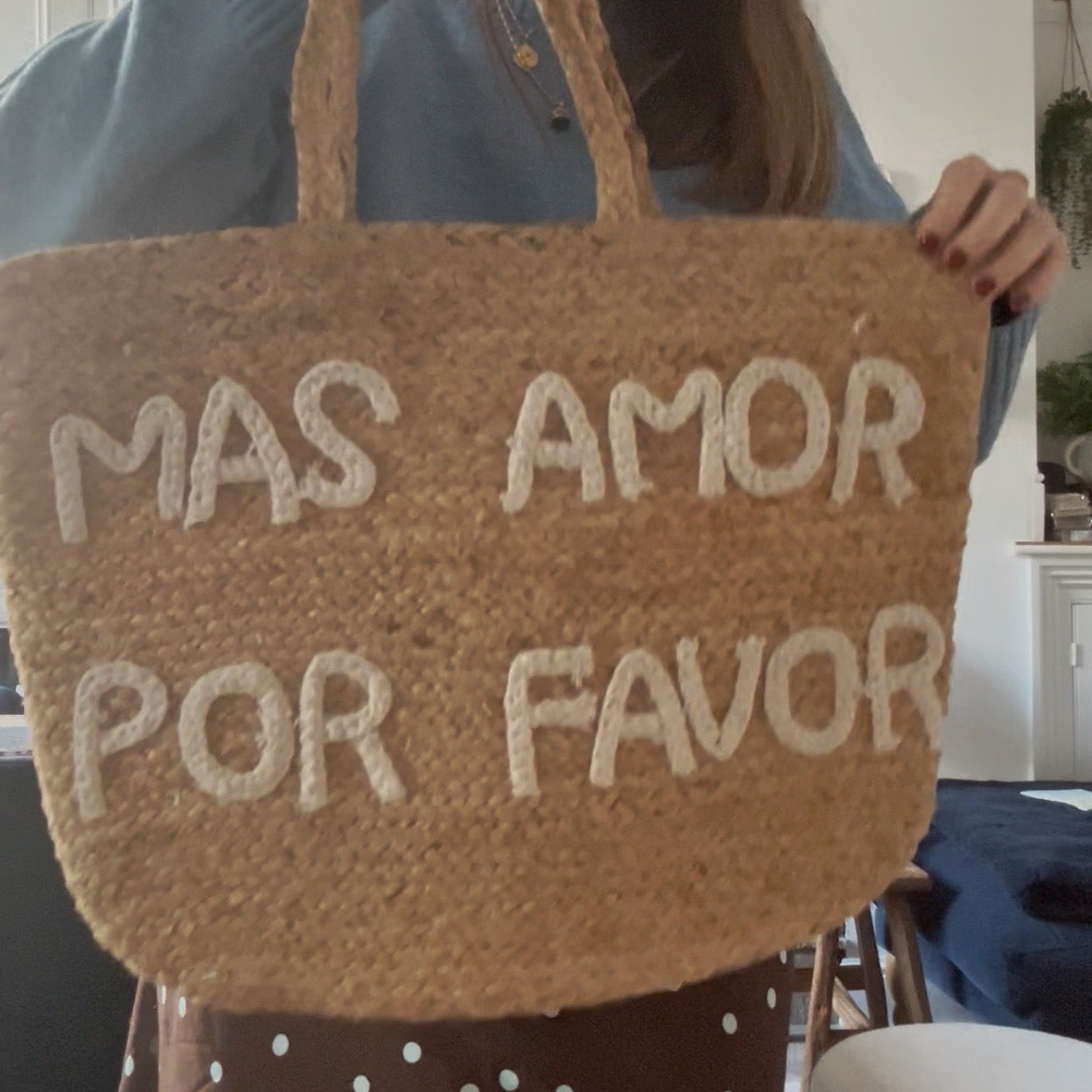 Large Mas Amor Por Favor Jute Tote Bag