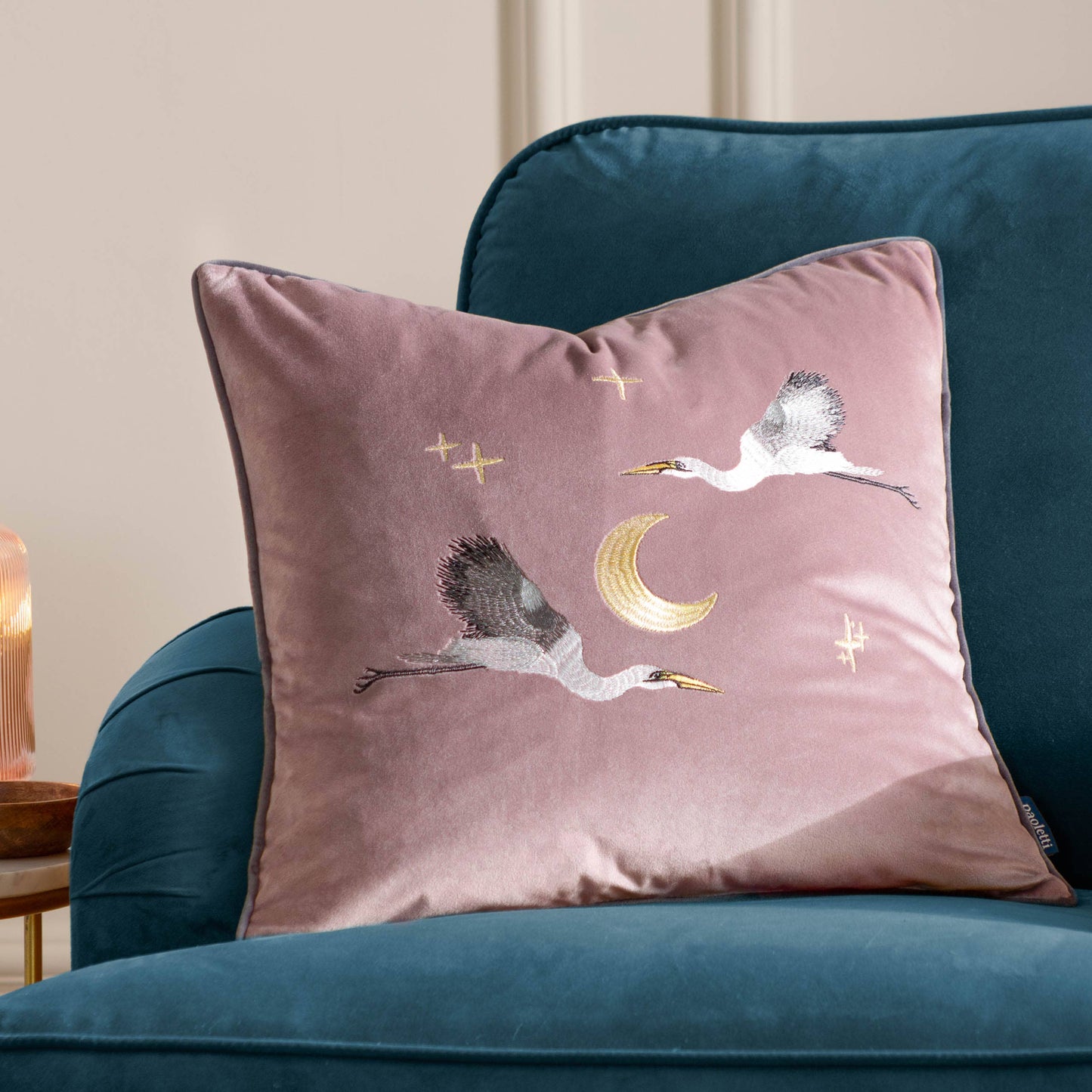 Moonlit Flight Embroidered Velvet Cushion cover Dusty Pink