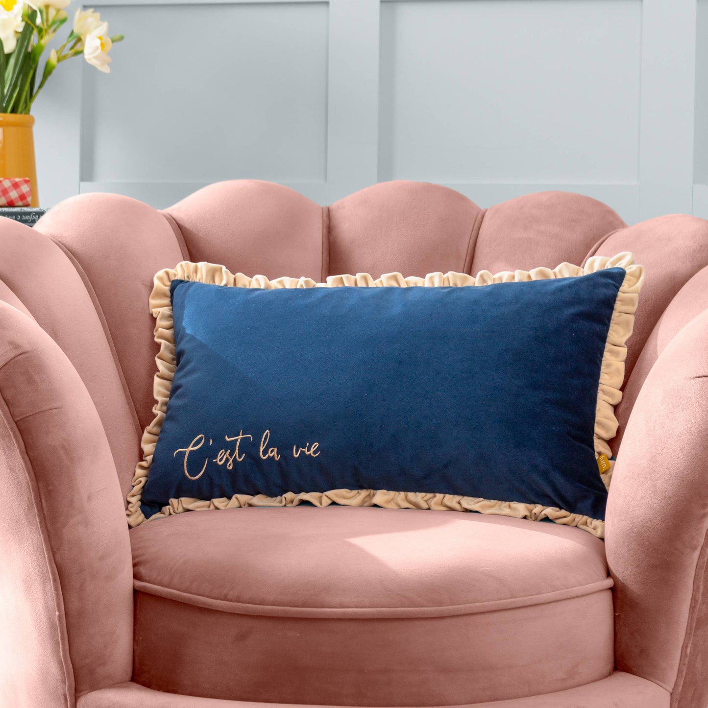 Cest La Vie Embroidered Cushion Navy