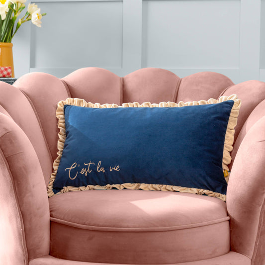 Cest La Vie Embroidered Cushion Navy