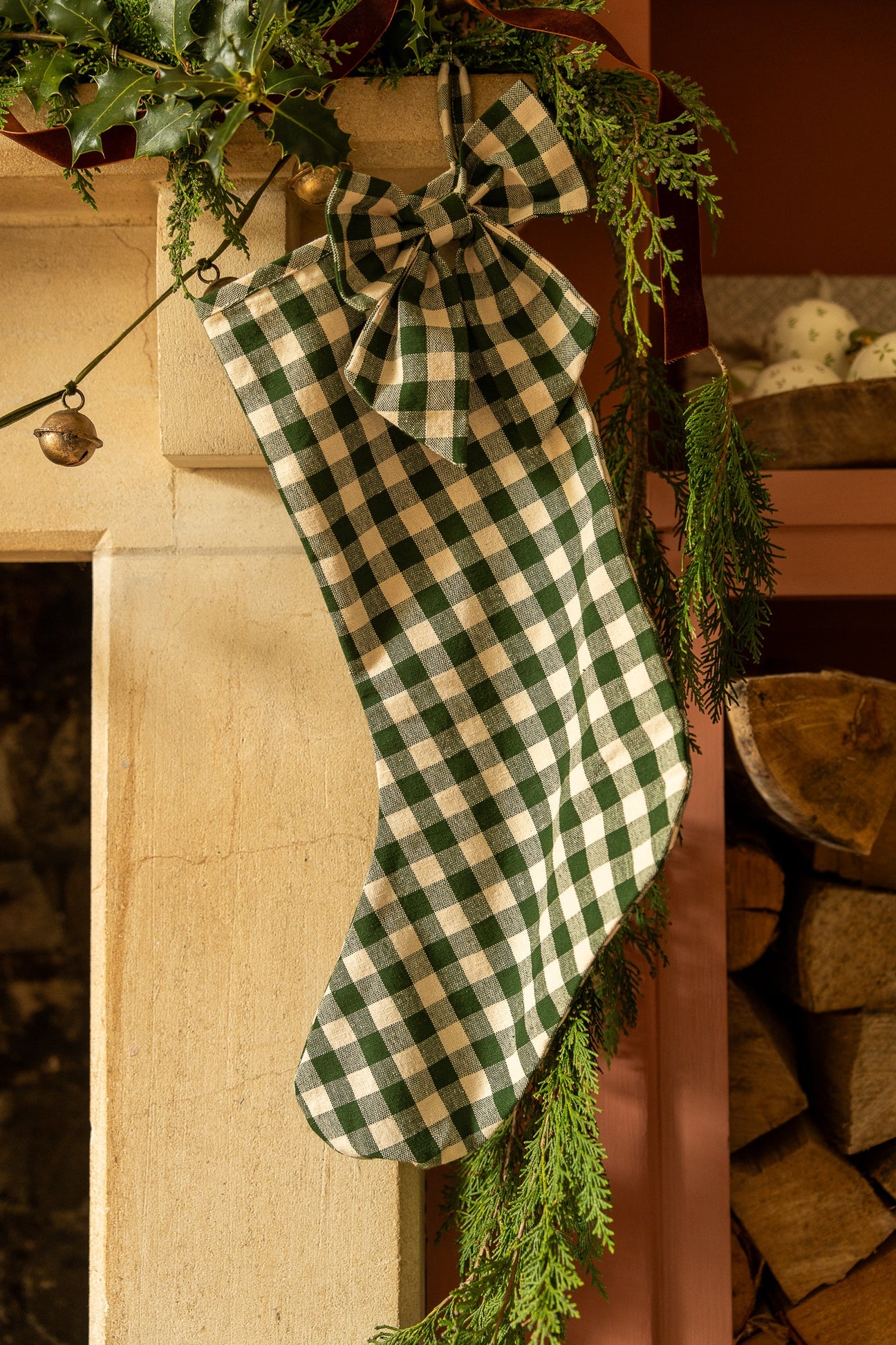 The Bow Stocking - Gingham in Pine Green