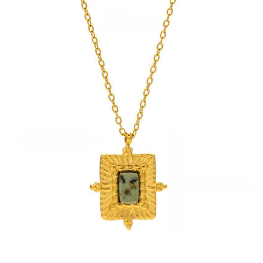 Rectangular drop pendant necklace in green & gold