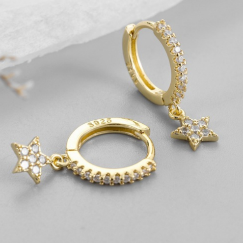 White cubic zirconia star drop huggie earring in gold