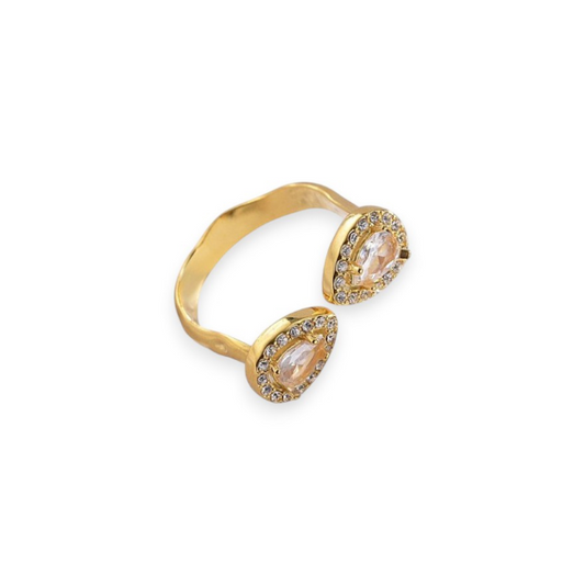 Double teardrop gem open ended ring in gold